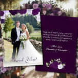 Paarse Boho Rozen Foto Overlay Elegante bruiloft Bedankkaart<br><div class="desc">Bedank jullie bruiloftsgasten voor hun liefde en steun met deze prachtige foto overlay kaart. Voorzien van uw volledige lijsten afbeelding met een slinger of rand van paarse rozen en groen aan de bovenkant, en de woorden "Bedankt" in elegante schrift letters aan de onderkant. De achterkant heeft ruimte voor een korte...</div>
