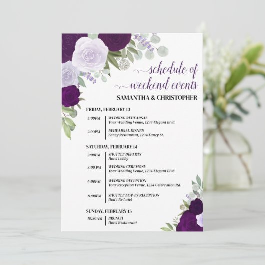 Paarse Boho Rozen Huwelijksevenementen & Tijdlijn Programmakaart (Staand voorkant)