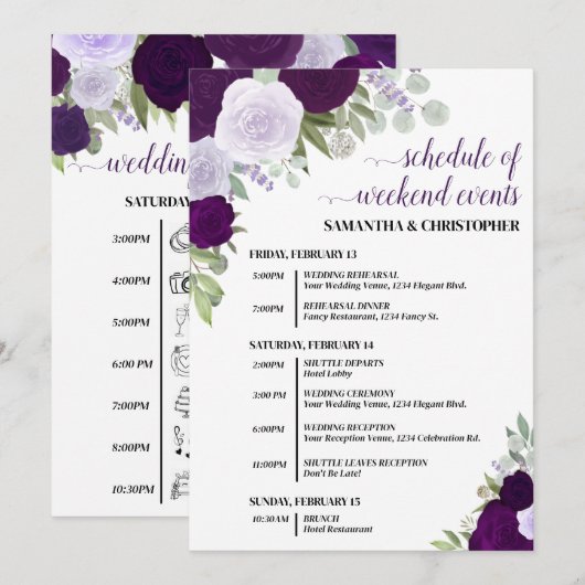 Paarse Boho Rozen Huwelijksfeesten & Tijdlijn Programmakaart (Voorkant / Achterkant)