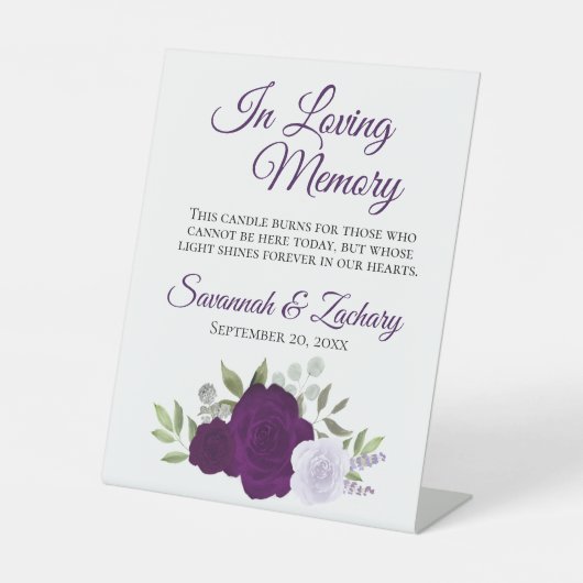 Paarse Boho Rozen Loving Memory Huwelijksmonument Reclamebord Met Voetstuk (Voorkant)