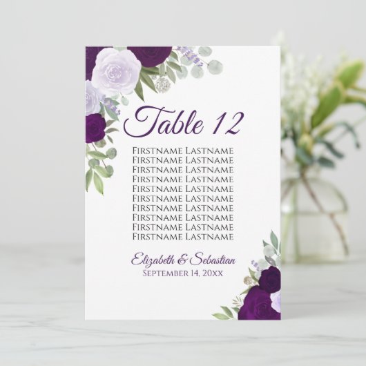 Paarse Boho Rozen Wedding Seating Chart Kaart Grot (Staand voorkant)