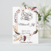 Paarse boho veren save the date (Staand voorkant)