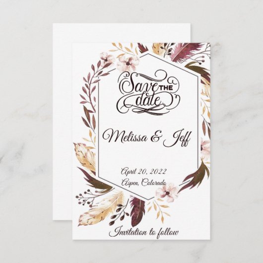 Paarse boho veren slaan de datum op save the date (Voorkant / Achterkant)