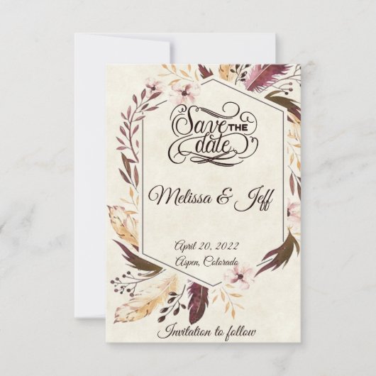 Paarse boho veren slaan de datum op save the date (Voorkant)