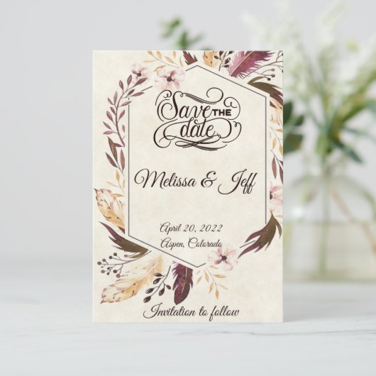Paarse boho veren slaan de datum op save the date (Staand voorkant)