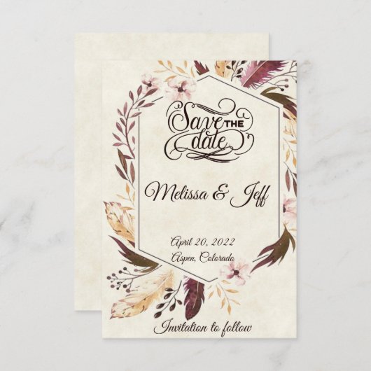 Paarse boho veren slaan de datum op save the date (Voorkant / Achterkant)