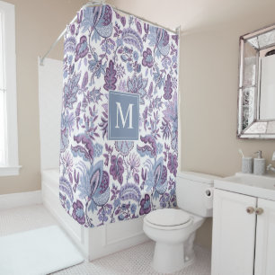 Paarse Boho Vintage Bloemen Monogram Douchegordijn
