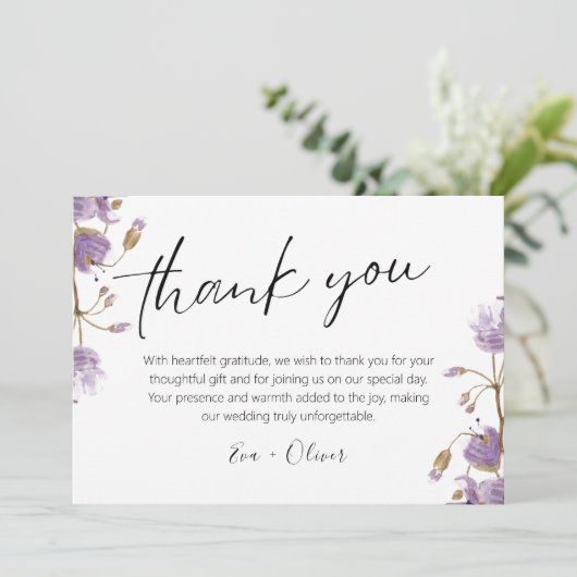 Paarse Boho Waterverf Bloemen Bruiloft Dank u Bedankkaart (Staand voorkant)
