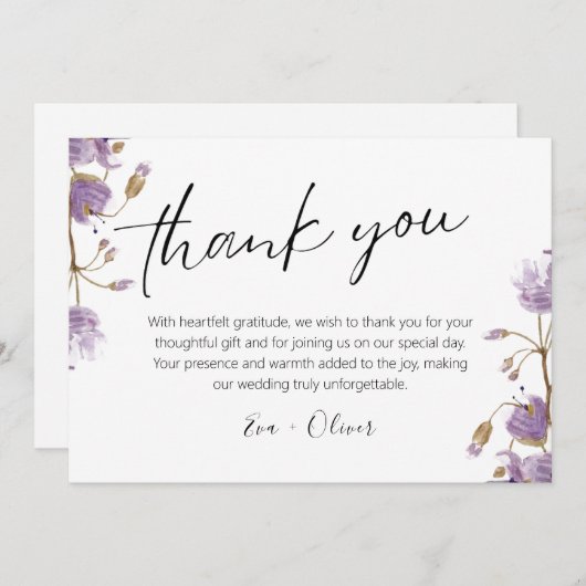 Paarse Boho Waterverf Bloemen Bruiloft Dank u Bedankkaart (Voorkant / Achterkant)