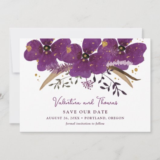 Paarse Boho Waterverf Flowers Bewaar de datum Kaart (Voorkant)