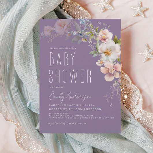 Paarse Boho Wildflower Baby shower Elegant Kaart