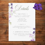 Paarse Boho Wildflowers White Wedding Details Informatiekaartje<br><div class="desc">Leg de essentie van rustieke elegantie vast met onze prachtige boho-bloemen trouwdetails behuizingskaart. Delicate boeketten van paarse en lavendel wilde bloemen, met de hand geschilderd in een losse stijl waterverf, zijn kunstig gerangschikt met salie groen gebladerte. Dit ontwerp roept een gevoel van natuurlijke schoonheid en romantische charme op, perfect voor...</div>