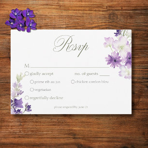 Paarse Boho Wildflowers White Wedding Dinner RSVP Kaartje
