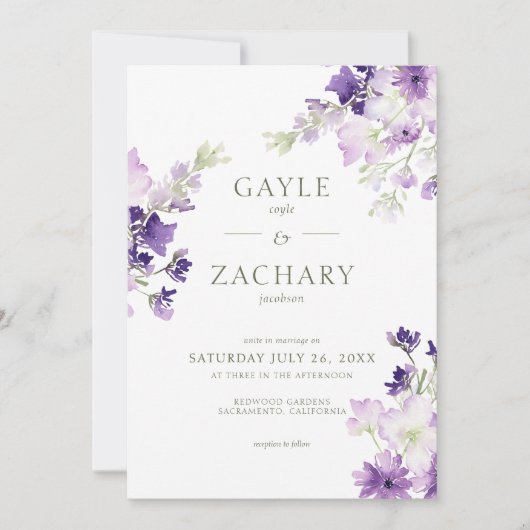 Paarse Boho Wildflowers Witte bruiloft Kaart (Voorkant)