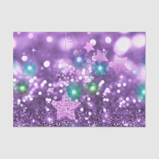 Paarse Bokeh Faux Glitter & Colorful Shining Stars Tissuepapier (Voorkant)