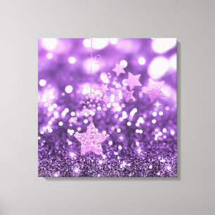 Paarse Bokeh Faux Glitter & Stars Canvas Afdruk