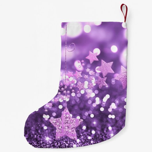 Paarse Bokeh Faux Glitter & Stars Kleine Kerstsok (Achterkant)