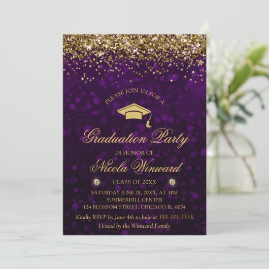 Paarse Bokeh & Gold Glitter Graduparty Kaart (Staand voorkant)
