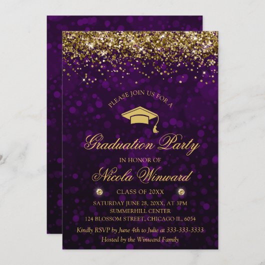 Paarse Bokeh & Gold Glitter Graduparty Kaart (Voorkant / Achterkant)