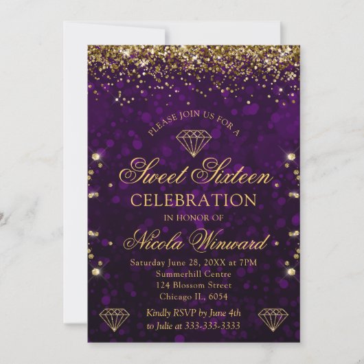 Paarse Bokeh & Gold Glitter Sweet 16 Kaart (Voorkant)