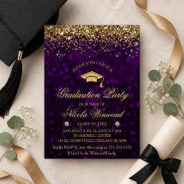 Paarse Bokeh & Gouden Glitter Afsluitingsfeest Kaart