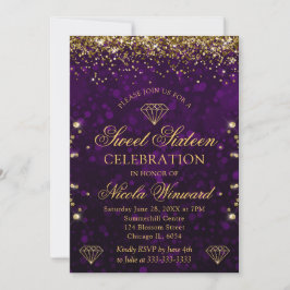 Paarse Bokeh & Gouden Glitter Sweet 16 Kaart