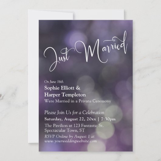 Paarse Bokeh licht & "Net getrouwd" typografie Kaart (Voorkant)