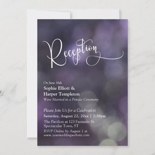 Paarse Bokeh Licht Trouwreceptie Typografie Kaart (Voorkant)