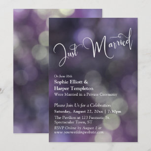 Paarse Bokeh Light & "Just Married" Typografie Kaart