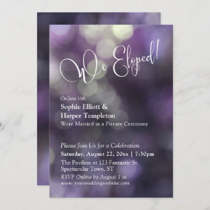Paarse Bokeh Light & "We Eloped" Typografie Kaart