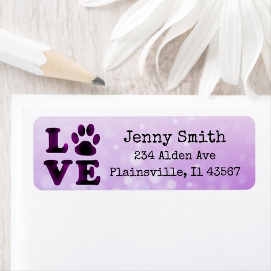 Paarse Bokeh Love Paw Print Retouradreslabel Etiket (Insitu)