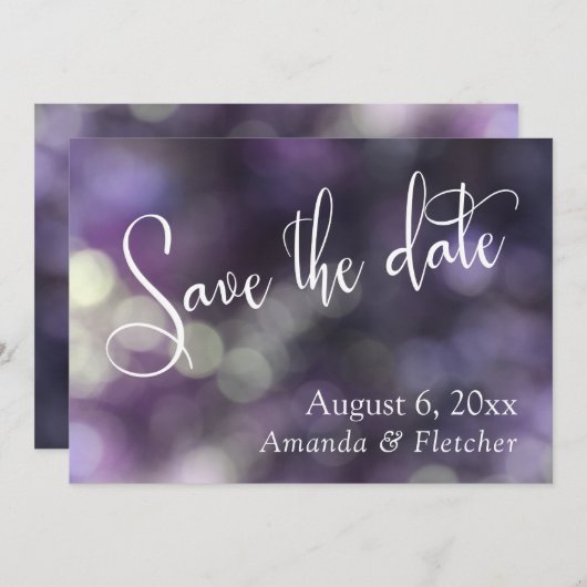 Paarse Bokeh, Modern Schrift Save the Date (Voorkant / Achterkant)