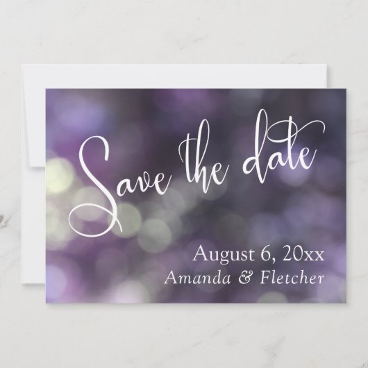 Paarse Bokeh, Modern Script Save the Date (Voorkant)