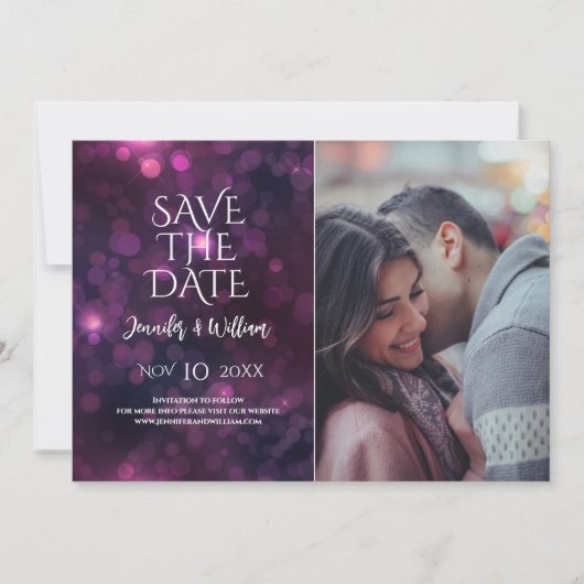 Paarse Bokeh Sparkle Design Weddenschap bespaart d Save The Date (Voorkant)