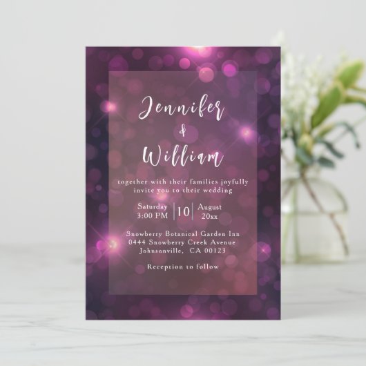 Paarse Bokeh Sparkle Silver String Lights Wedding Kaart (Staand voorkant)
