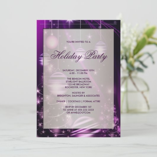 Paarse bomen en kerstversieringen Vakantie Party Kaart (Staand voorkant)
