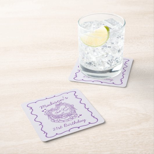 Paarse boog dat meisje hart coquette taart verjaar kartonnen onderzetters (Insitu)