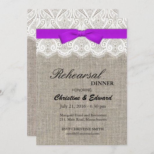 Paarse Boog en Kant Bruiloft repetitie Diner Kaart (Voorkant / Achterkant)