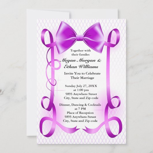 Paarse Boog en Lint Grens Bruiloft Uitnodiging (Voorkant)