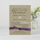 Paarse boog en rustieke burlap bruiloft kaart (Staand voorkant)