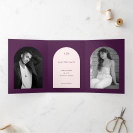 Paarse Boog Foto Bruiloft Save the Date Drieluik Aankondiging