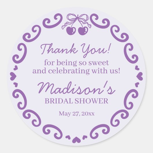 Paarse Boog Retro Hart Coquette Taart Bruidsdouche Ronde Sticker (Voorkant)
