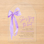 Paarse boog Ze bindt de knoop Vrijgezellenfeest Acryl Uitnodigingen (Voorkant)