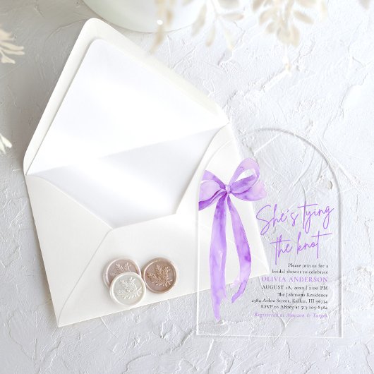 Paarse boog Ze bindt de knoop Vrijgezellenfeest Acryl Uitnodigingen