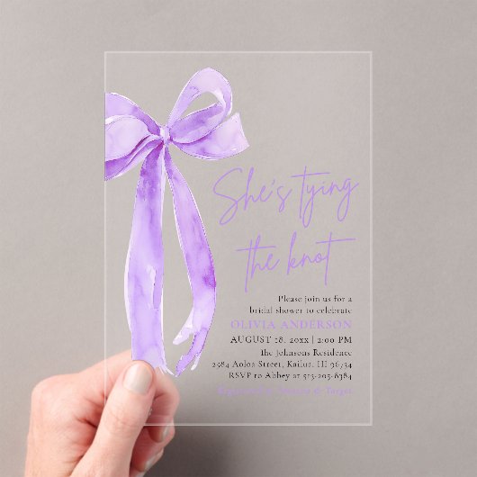 Paarse boog Ze bindt de knoop Vrijgezellenfeest Acryl Uitnodigingen (Insitu (Draagbaar))