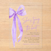 Paarse boog Ze bindt de knoop Vrijgezellenfeest Acryl Uitnodigingen (Voorkant)