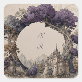 Paarse Boom Boog Kasteel Geïllustreerde Trouwdag Vierkante Sticker