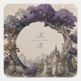 Paarse Boom Boog Kasteel Geïllustreerde Trouwdag Vierkante Sticker
