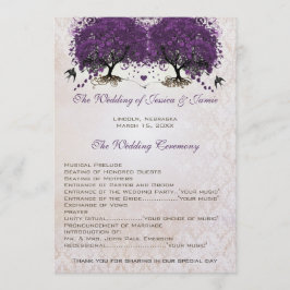 Paarse Boom  Tortelduifjes Damask Bruiloft Programmakaart