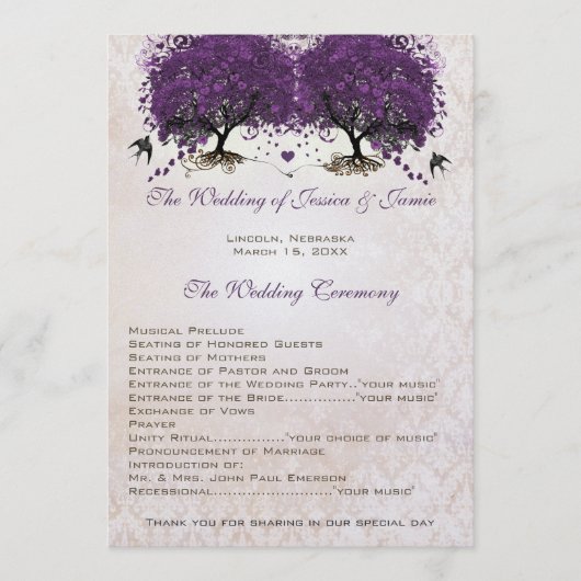 Paarse Boom  Tortelduifjes Damask Bruiloft Programmakaart (Voorkant)